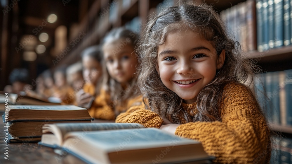 A group of young girls sit at a table in a library, reading books and smiling.