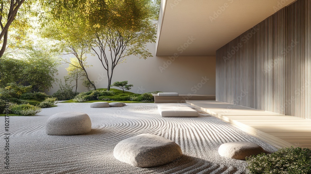 Fototapeta premium A zen garden with white sand, raked patterns, and smooth rocks. The garden is bordered by a wooden deck, and a building with a large window.