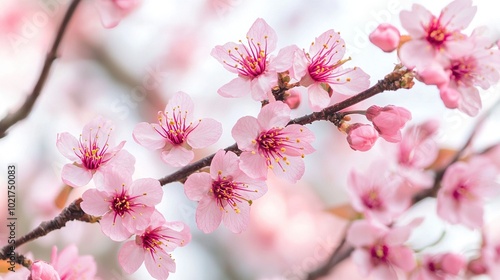   A close-up of a pink flower on a tree branch surrounded by pink blossoms and set against a blue sky