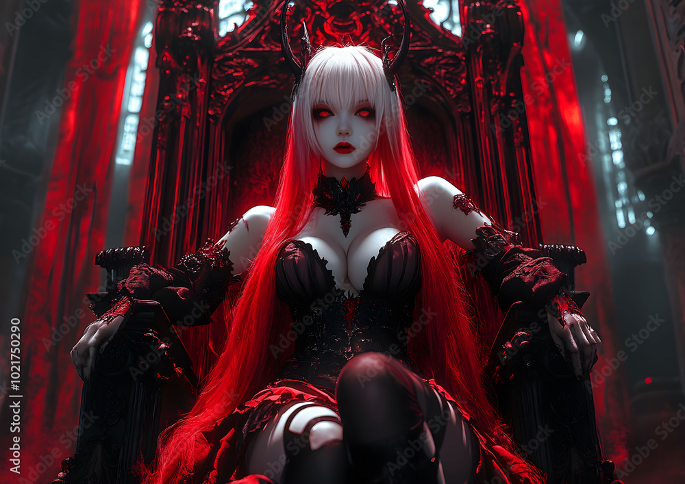 Vampire Queen Sitting on a Gothic Throne, Dark and Spooky Fantasy Ancient Castle Background, Halloween, Generative AI Anime Vampire Queen Sitting on a Gothic Throne, Dark and Spooky Fantasy Ancient Castle Background, Halloween, Generative AI Anime