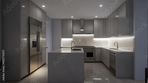 Wallpaper Mural A modern kitchen with light gray cabinets, white walls and floors, an island in the center of which is an oven and sink Torontodigital.ca