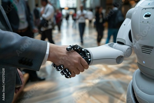 The photo idea is a close-up shot of a businessperson shaking hands with a robot. The image focuses on the interaction between human and artificial intelligence in a business setting.