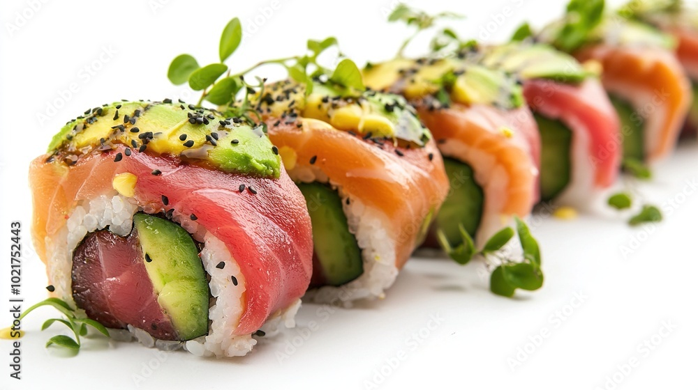 a sushi roll with avocado and additional toppings on a white serving dish, showcasing its details a sushi roll with avocado and additional toppings on a white serving dish, showcasing its details