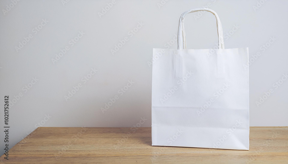 White paper bag on wooden table. Food delivery, take out, shopping concept. Mock-up. White paper bag on wooden table. Food delivery, take out, shopping concept. Mock-up.