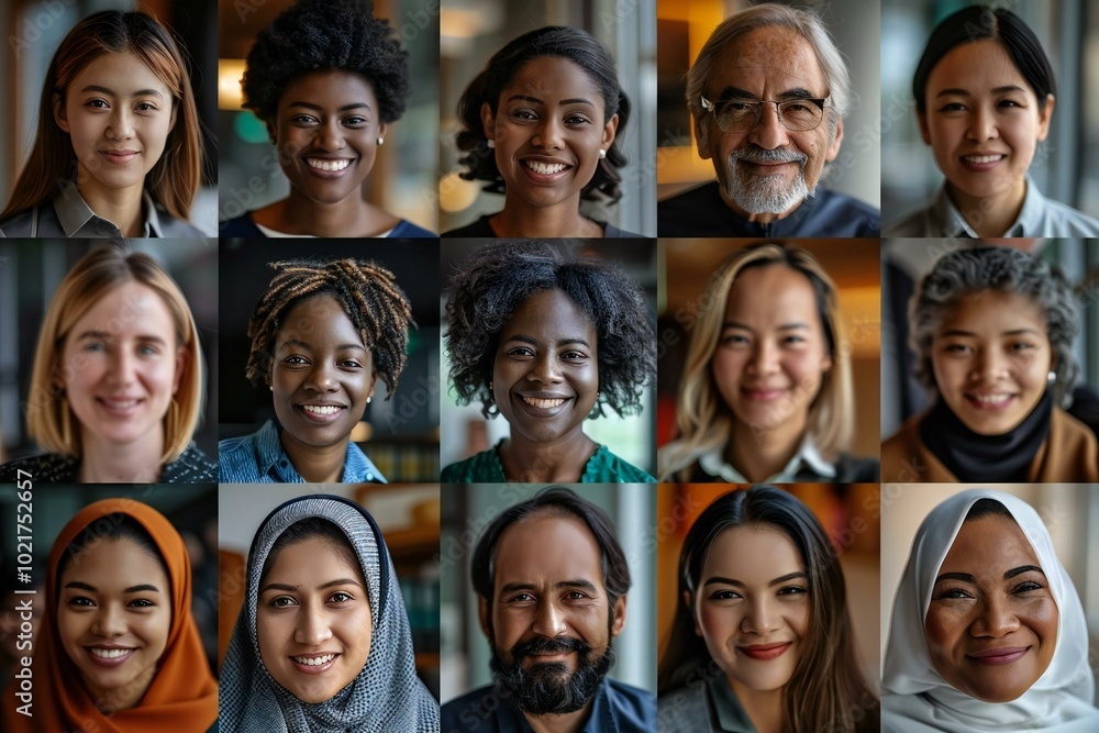 collage of diverse and multi-ethnic people of different ages smiling together. collage of diverse and multi-ethnic people of different ages smiling together.