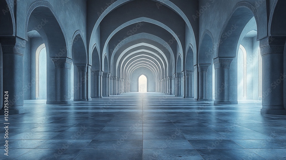 A long hallway with arched ceilings and pillars leading to a bright light at the end. A long hallway with arched ceilings and pillars leading to a bright light at the end.