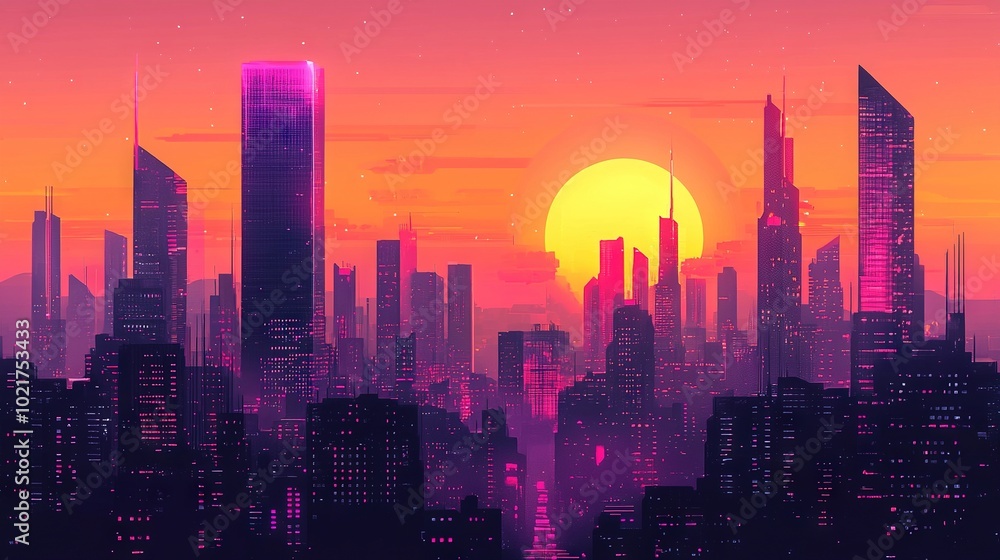 Fototapeta premium A cityscape at sunset with buildings outlined against a vibrant pink-orange sky