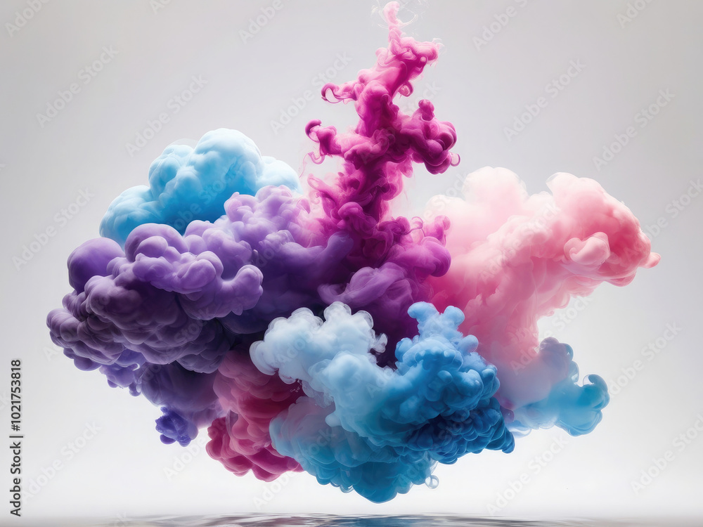 Fototapeta premium Acrylic color pigment and ink cloud in water. Abstract smoke on white background with copy space. Fancy dream cloud of ink underwater. Purple, blue,white and pink colors