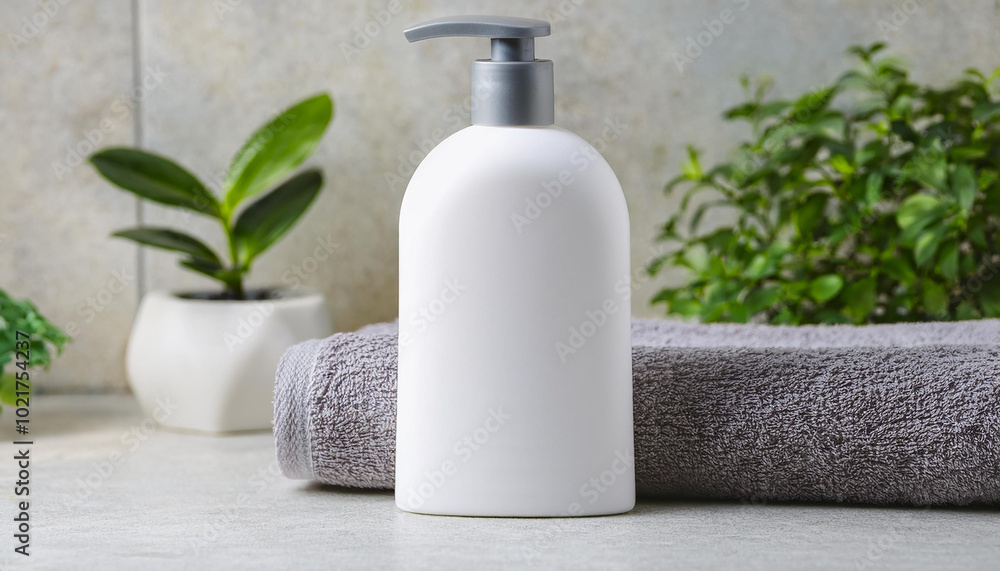 White shampoo bottle on ceramic tabletop in bathroom. Cosmetic container, towel and green plant. White shampoo bottle on ceramic tabletop in bathroom. Cosmetic container, towel and green plant.