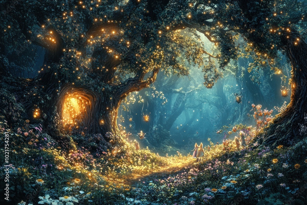 Obraz premium A magical forest path illuminated by glowing lanterns leading to a hidden doorway in a large tree.
