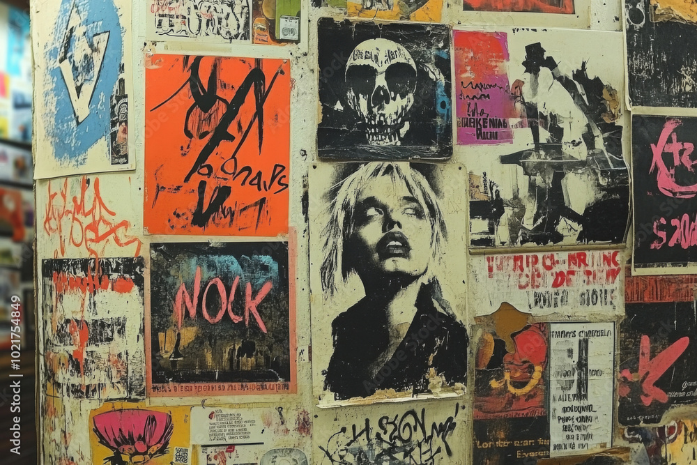 Obraz premium Abstract backdrop with collage of newspaper or magazine clippings, colorful grunge background with graffiti