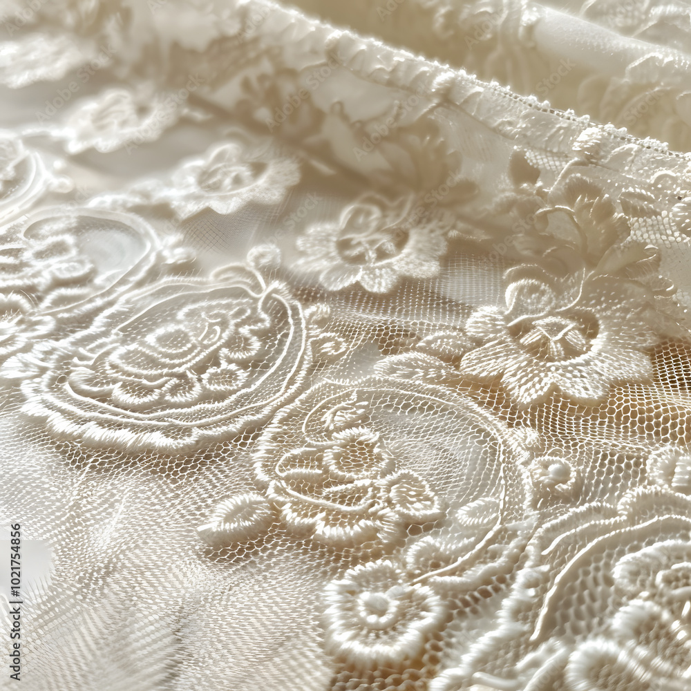 Obraz premium A detailed close up of a white lace fabric with floral embellishments in beige tones, perfect for creative arts projects, bridal accessories, or as a motif for tablecloths or flooring