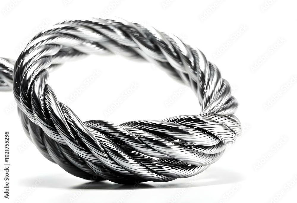 a shiny metallic rope node made of stainless steel, intricately twisted, isolated against a stark white background, reflecting light create with ai a shiny metallic rope node made of stainless steel, intricately twisted, isolated against a stark white background, reflecting light create with ai