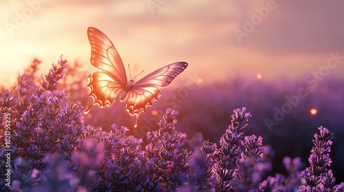   Large butterfly flies over purple field at sunset, sun shines through clouds in background
