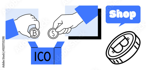 Two hands holding Bitcoin and dollar coins, a box with ICO text, a cryptocurrency coin, and a speech bubble with the word Shop. Ideal for cryptocurrency promotion financial education digital currency