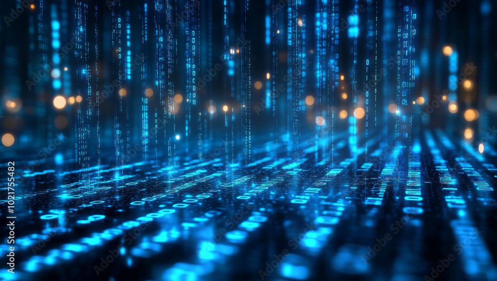 Binary code matrix background, perspective view with depth of field, tech style green illuminated numbers, technology futuristic blue backgrounds
Binary code matrix background, perspective view with depth of field, tech style green illuminated numbers, technology futuristic blue backgrounds