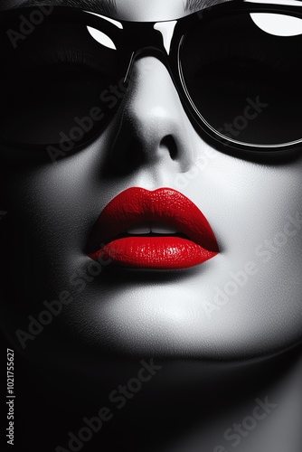 Close-up of a woman's face with striking red lips and large black sunglasses, embodying glamour and mystery.