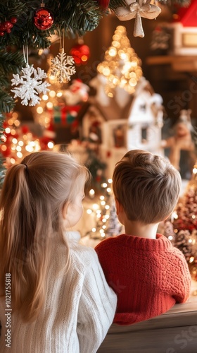 Two children gaze at festive Christmas decorations, capturing the warmth and joy of the holiday season.