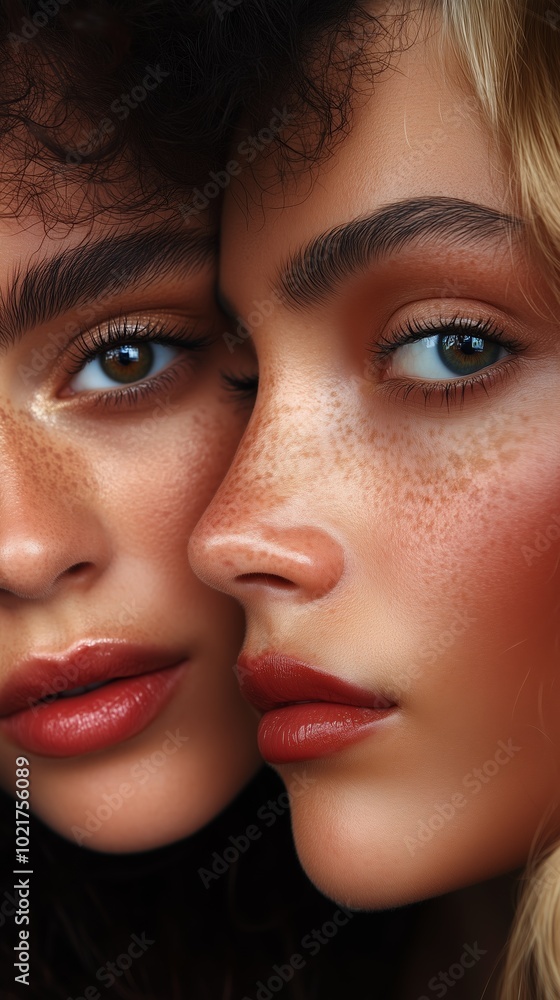 A detailed close-up photo capturing two women's faces with natural freckles and vibrant eye colors, showcasing intimate connection. A detailed close-up photo capturing two women's faces with natural freckles and vibrant eye colors, showcasing intimate connection.