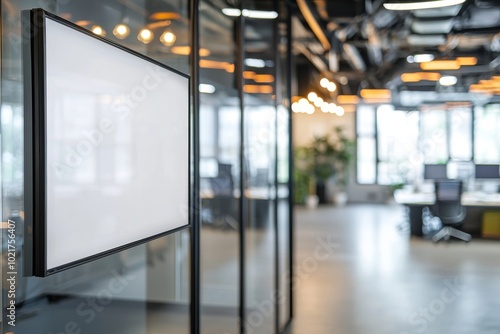 3D rendering of a blank glass nameplate. The signplate is mounted on the wall near the interior door of the office. The signplate is mocked up on the wall behind the door. photo