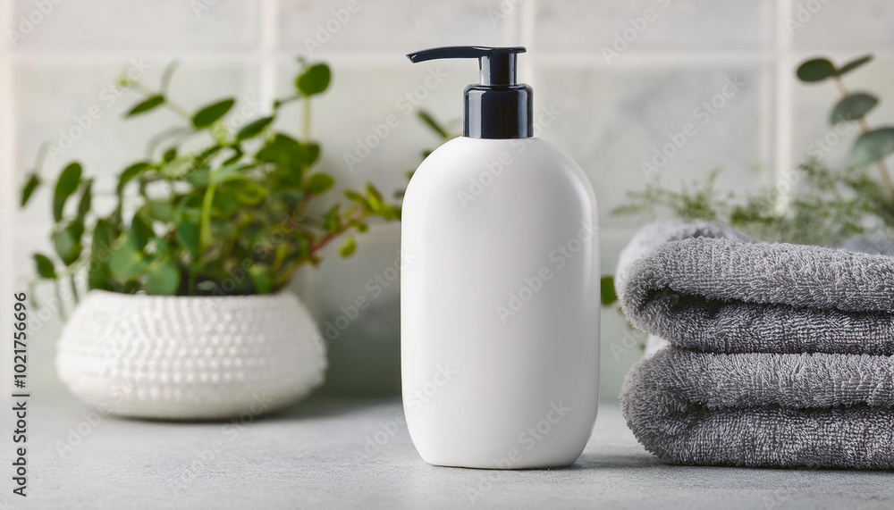 White shampoo bottle on ceramic tabletop in bathroom. Cosmetic container, towel and green plant. White shampoo bottle on ceramic tabletop in bathroom. Cosmetic container, towel and green plant.