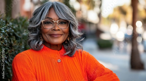 An elegant black senior woman wears stylish glasses and an orange sweater, with a warm smile that radiates happiness and confidence in an idyllic setting