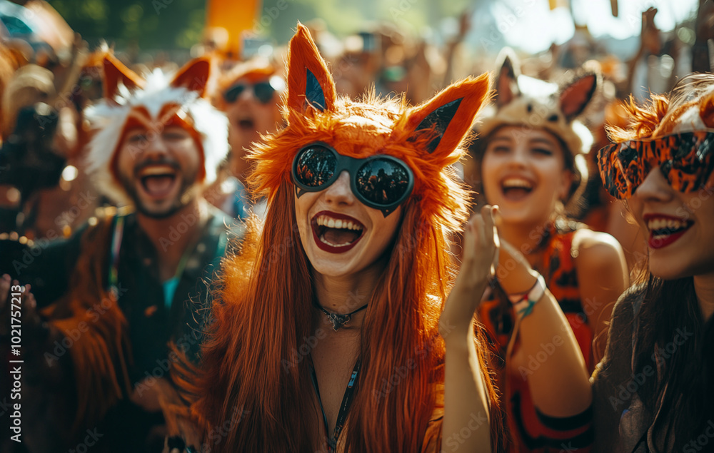 People in fox costumes at the festival. Bright orange outfits. Photo of girl and boy quadrobber, therian, furries subculture. People in fox costumes at the festival. Bright orange outfits. Photo of girl and boy quadrobber, therian, furries subculture.