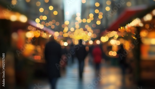 Blurred city street scene with glowing lights and people, creating a festive and warm atmosphere at dusk.