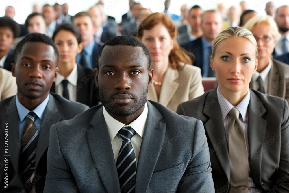 One photo idea could be a portrait of a diverse group of serious business men and women attending a seminar in a large conference room. One photo idea could be a portrait of a diverse group of serious business men and women attending a seminar in a large conference room.