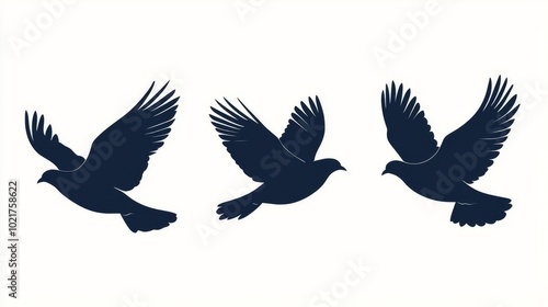 Flying pigeons silhouetted against white. Modern illustration.