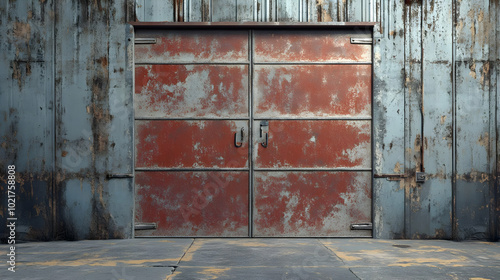 Rusty Metal Garage Door and Weathered Wall - 3d Illustration