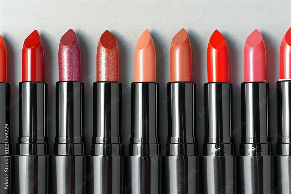 Close-up shot of a variety of lipsticks arranged neatly in a row against a gray background. Close-up shot of a variety of lipsticks arranged neatly in a row against a gray background.