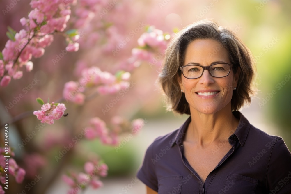 Portrait of a beautiful mature woman with glasses in front of a blooming tree Portrait of a beautiful mature woman with glasses in front of a blooming tree