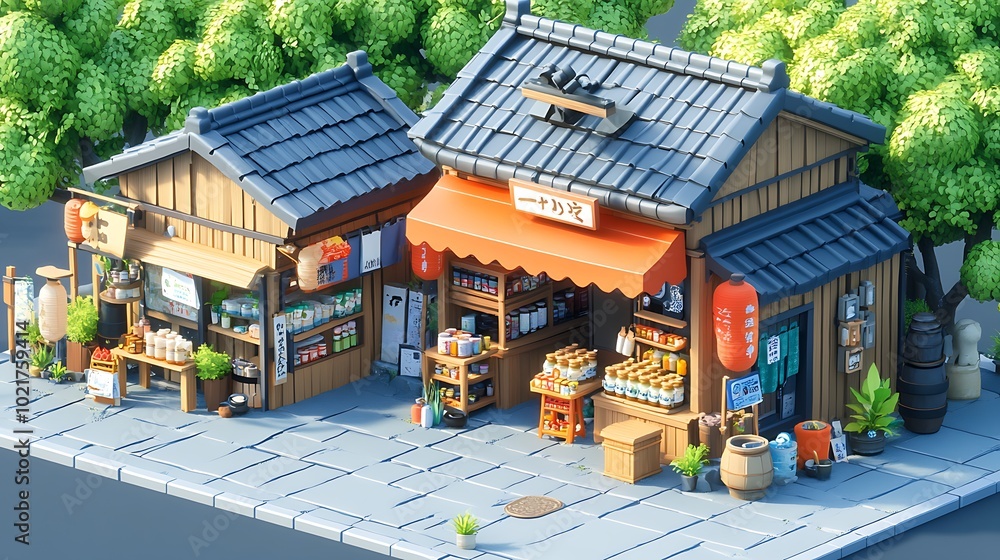 Fototapeta premium Japanese Traditional Street with Shops and Trees, 3D Render