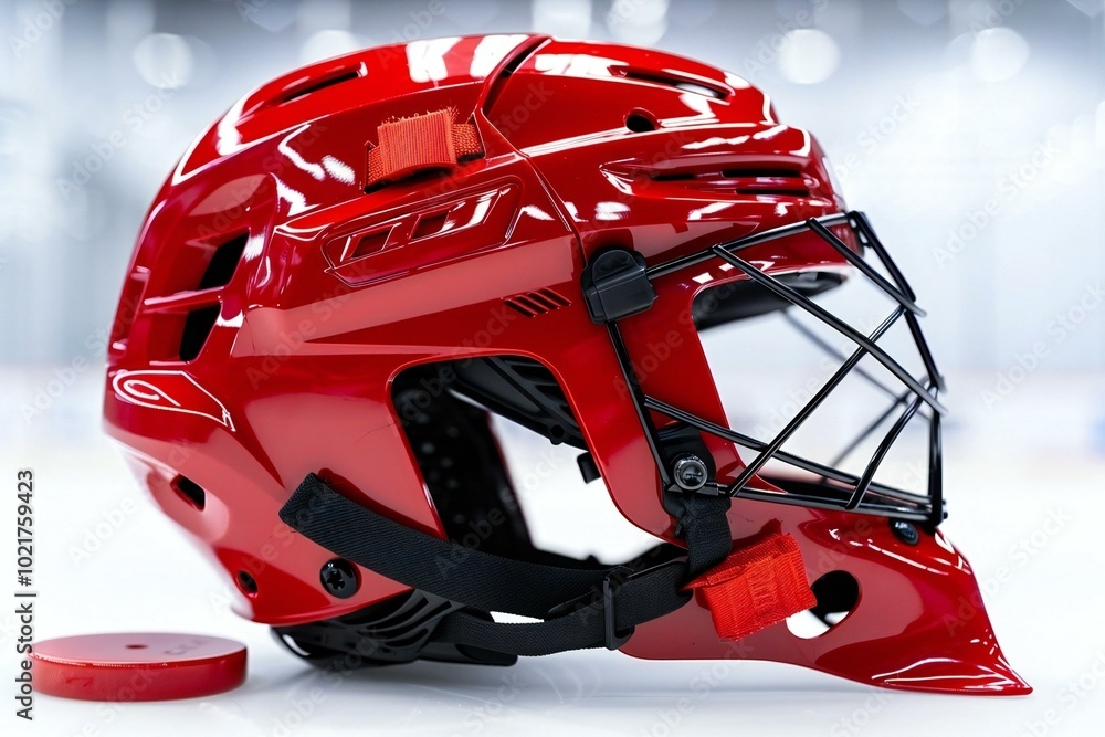 Close up shot of a red hockey helmet and puck, isolated on a white background, emphasizing the protective gear and equipment used in the sport. Close up shot of a red hockey helmet and puck, isolated on a white background, emphasizing the protective gear and equipment used in the sport.