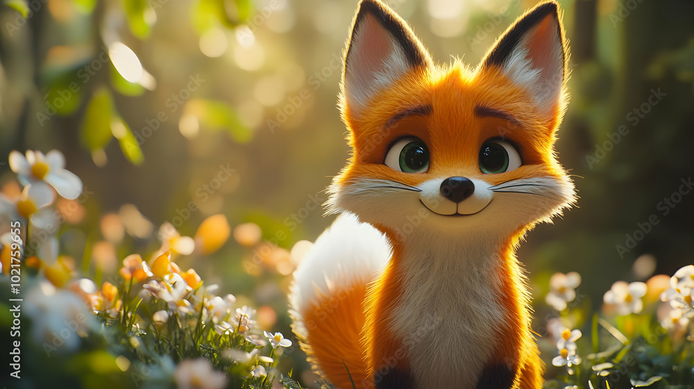 Cute Cartoon Fox Illustration in a Meadow of Flowers Cute Cartoon Fox Illustration in a Meadow of Flowers