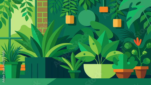The space features a vibrant green wall adorned with plants adding to the natural inviting atmosphere.