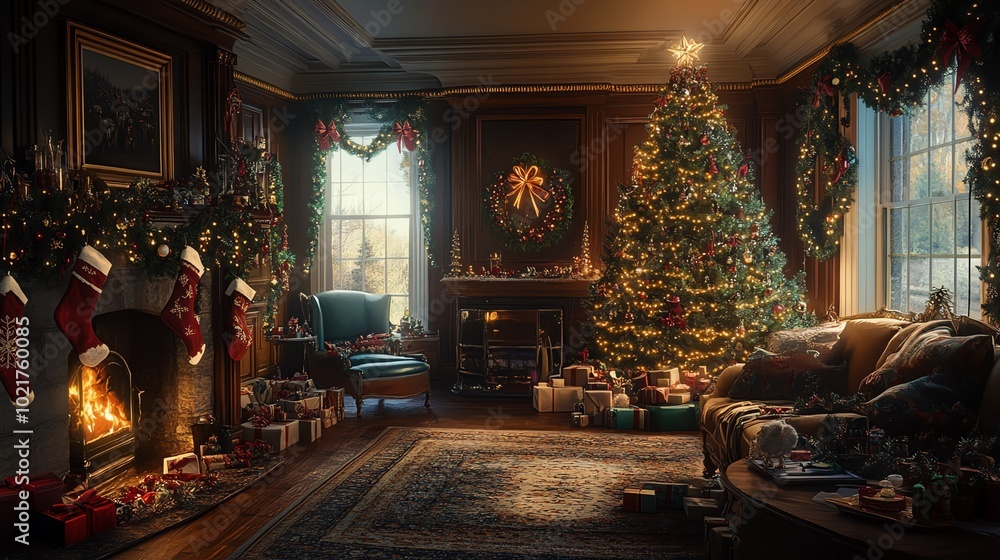 Cozy Christmas living room with a decorated tree and warm fireplace ambiance. Cozy Christmas living room with a decorated tree and warm fireplace ambiance.