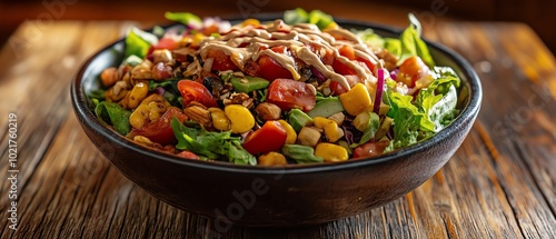 Delicious mixed salad in a bowl with fresh vegetables and a creamy dressing. photo