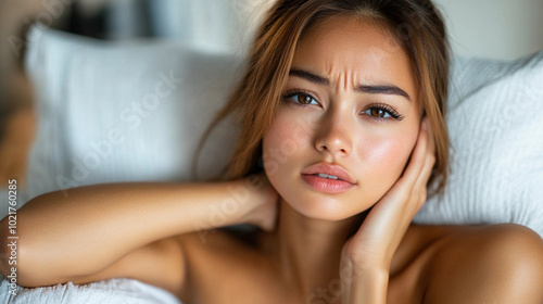 A woman with long brown hair and brown eyes is laying on a bed. She is wearing no clothes and has her hands on her head