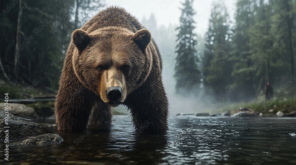 A large brown bear stands in a river's center, surrounded by tree-filled background on a foggy day A large brown bear stands in a river's center, surrounded by tree-filled background on a foggy day