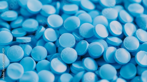 3D render illustration of blue plastic polypropylene granules. HDPE or PVC resin pellets. Masterbatch polymer grain with shallow depth of field.