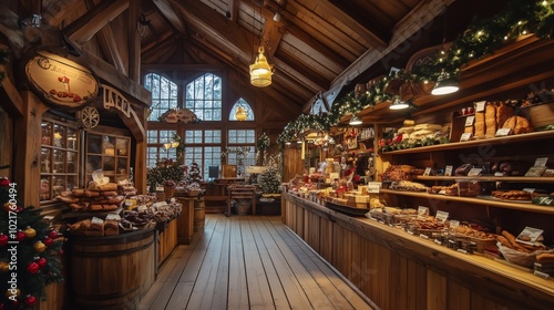 Warm and inviting Christmas market scene with festive decorations, showcasing traditional baked goods and holiday lights in a rustic setting.