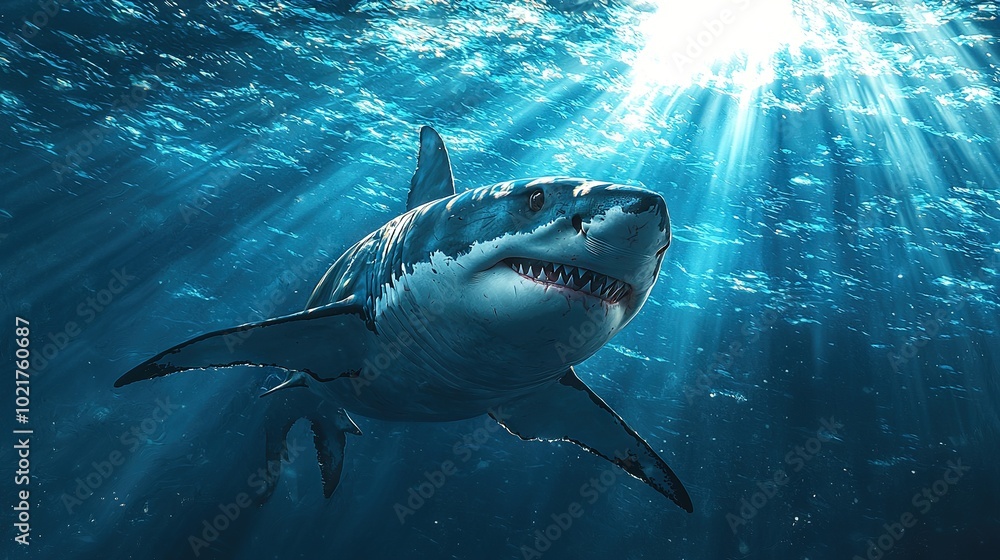 Fototapeta premium A Great White Shark swims underwater with sunlight filtering through the surface