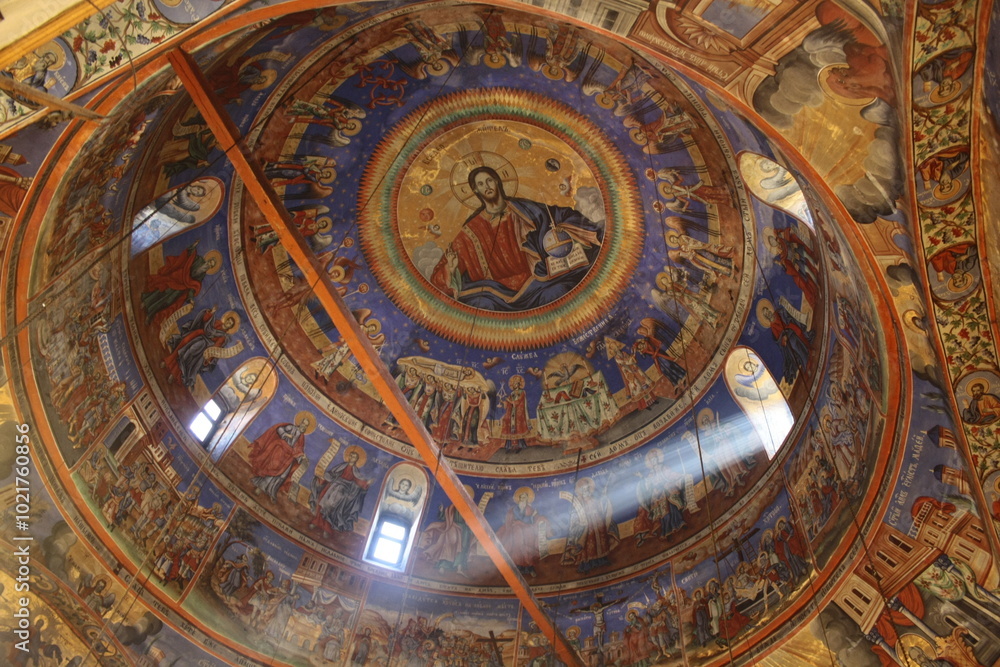 Obraz premium Interior of the dome at the Holy Virgin Prechista Monastery near Kichevo, featuring icons and frescoes, including Christ, created by the authentic artist Avram Dichov.