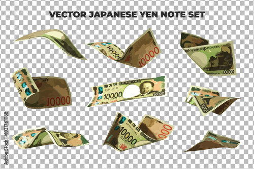 Vector illustration of set of 10000 Japanese yen notes flying in different angles and orientations. Currency note design in Scalable eps format