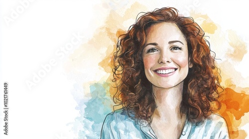 Adult White Woman with Brown Curly Hair watercolor illustration.