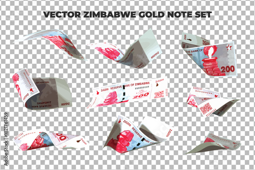 Vector illustration of set of 200 Zimbabwe gold zig notes flying in different angles and orientations. Currency note design in Scalable eps formate set