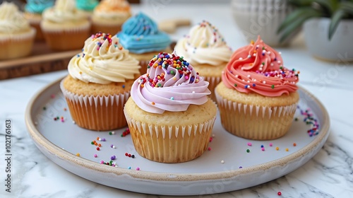 A plate of colorful cupcakes topped with sprinkles.