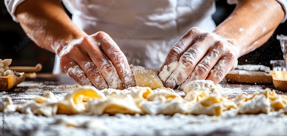 Hands kneading dough on a floured surface, culinary preparation in action. Hands kneading dough on a floured surface, culinary preparation in action.